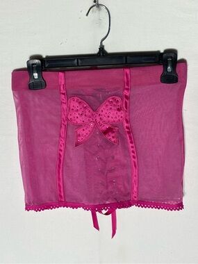 Vintage Y2K Shirley of Hollywood Hot Pink Mesh Corset Top Rhinestone Bow M